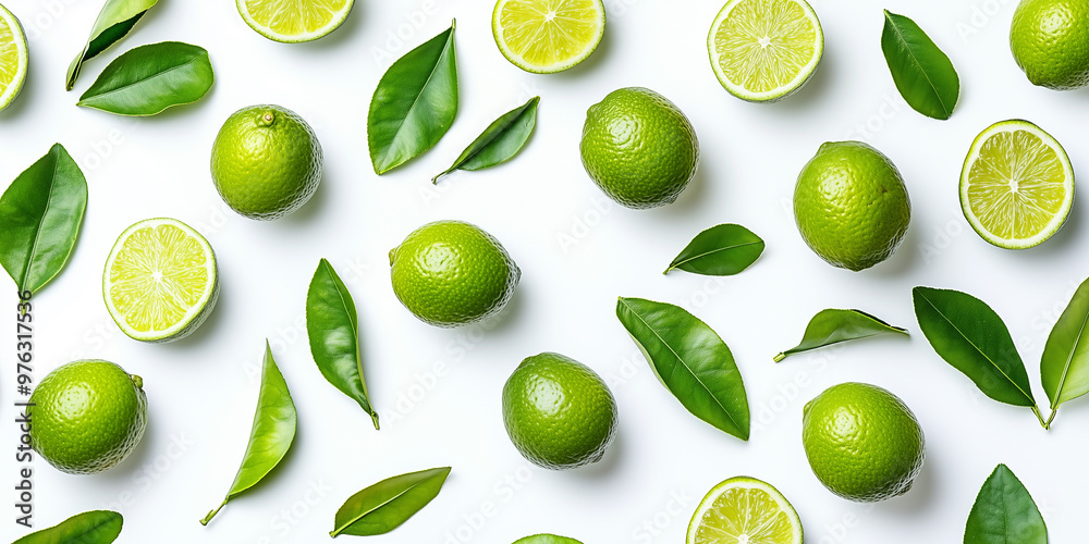 Limes and leaves pattern on a white background, flat lay photography Limes and leaves pattern on a white background, flat lay photography