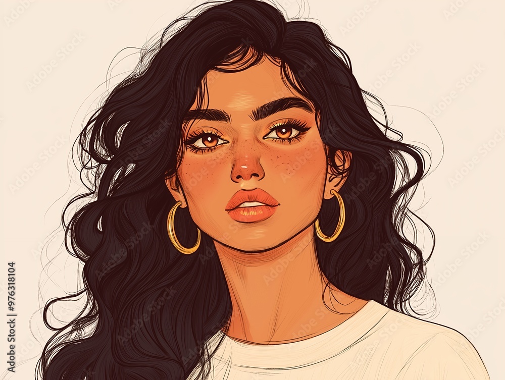 Naklejka premium Digital portrait of a confident woman with flowing black hair and hoop earrings