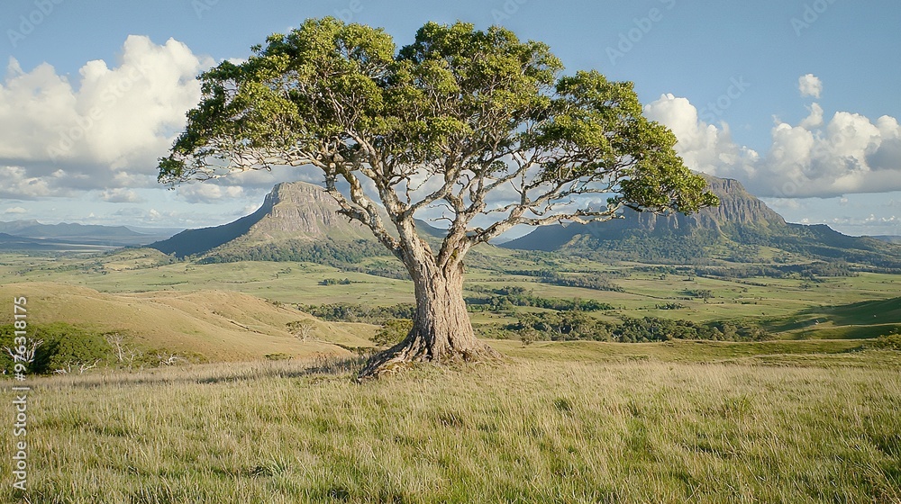 A large tree stands tall in the middle of a grassy field, with mountains looming in the background In the distance, clouds float lazily across the sky A large tree stands tall in the middle of a grassy field, with mountains looming in the background In the distance, clouds float lazily across the sky