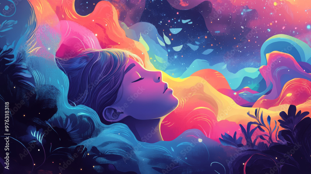 Abstract dreamlike motivational image. Illustration of person being in a dream in imaginary world. Education books. School and learning