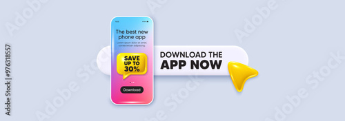 Download the app now. Phone mockup screen. Save up to 30 percent tag. Discount Sale offer price sign. Special offer symbol. Phone download app search bar. Discount text message. Vector