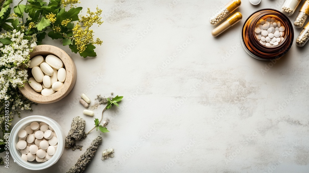 Integrative Medicine Concept with Herbal Supplements and Pills on Light Background with Copy Space Integrative Medicine Concept with Herbal Supplements and Pills on Light Background with Copy Space