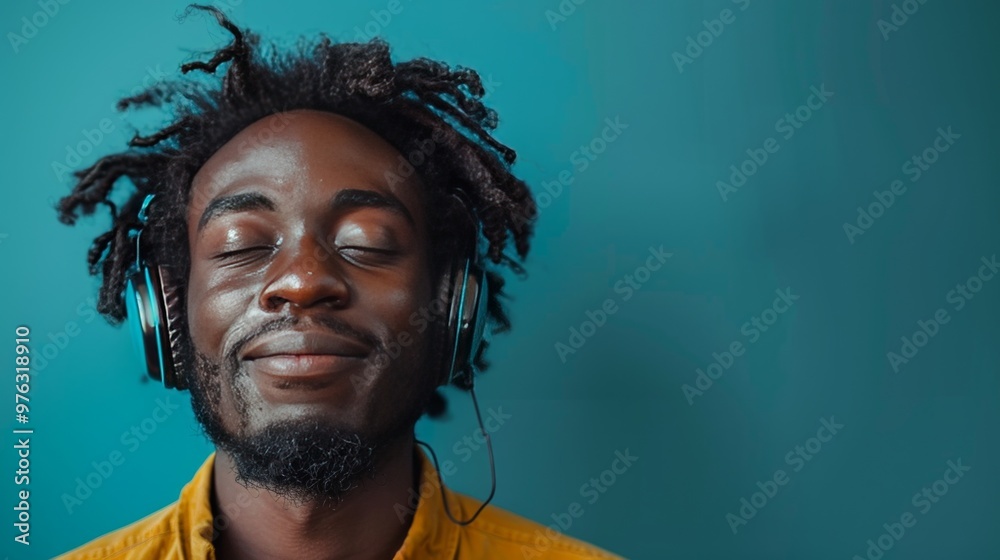 A young man wearing headphones enjoys music with eyes closed, relaxed, and serene against a blue background. A young man wearing headphones enjoys music with eyes closed, relaxed, and serene against a blue background.
