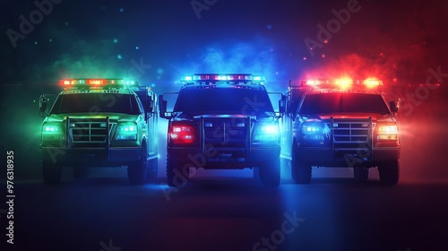 A realistic vector design of red, blue, green, and orange emergency sirens with light effects, typically seen on police, fire trucks, or ambulances