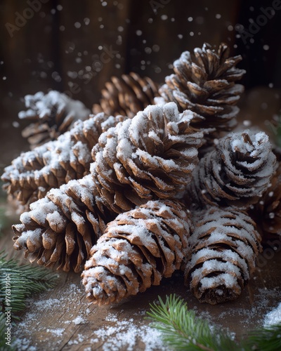 Christmas Snow Covered Pine Cones Arranged on a Rustic Wooden Table photo