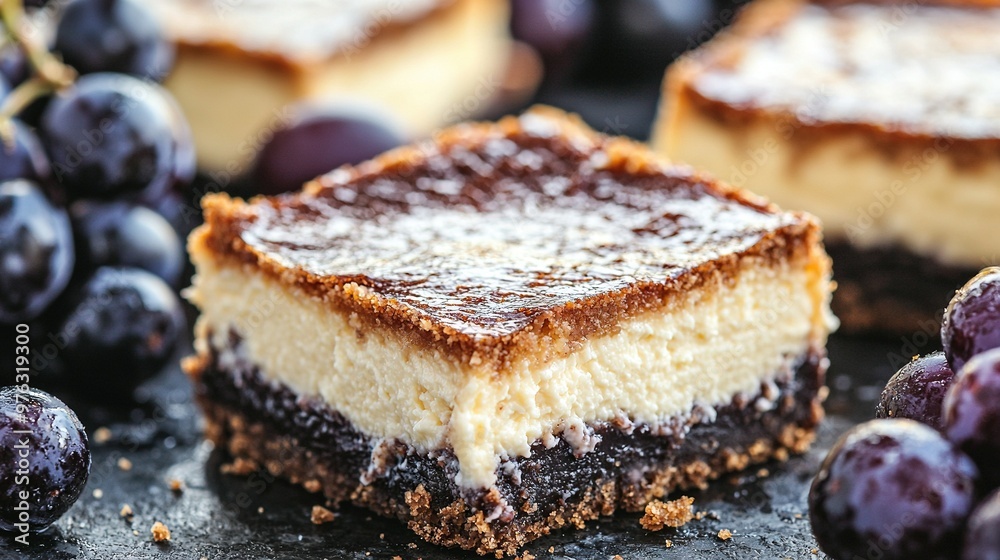 Close-up of cheesecake next to grapes on black surface, with other cheesecakes in background Close-up of cheesecake next to grapes on black surface, with other cheesecakes in background