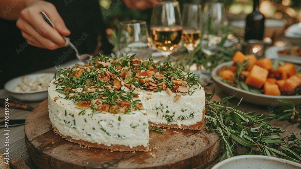 Close-up shot of a cake on wooden table surrounded by plates and glasses of wine Close-up shot of a cake on wooden table surrounded by plates and glasses of wine