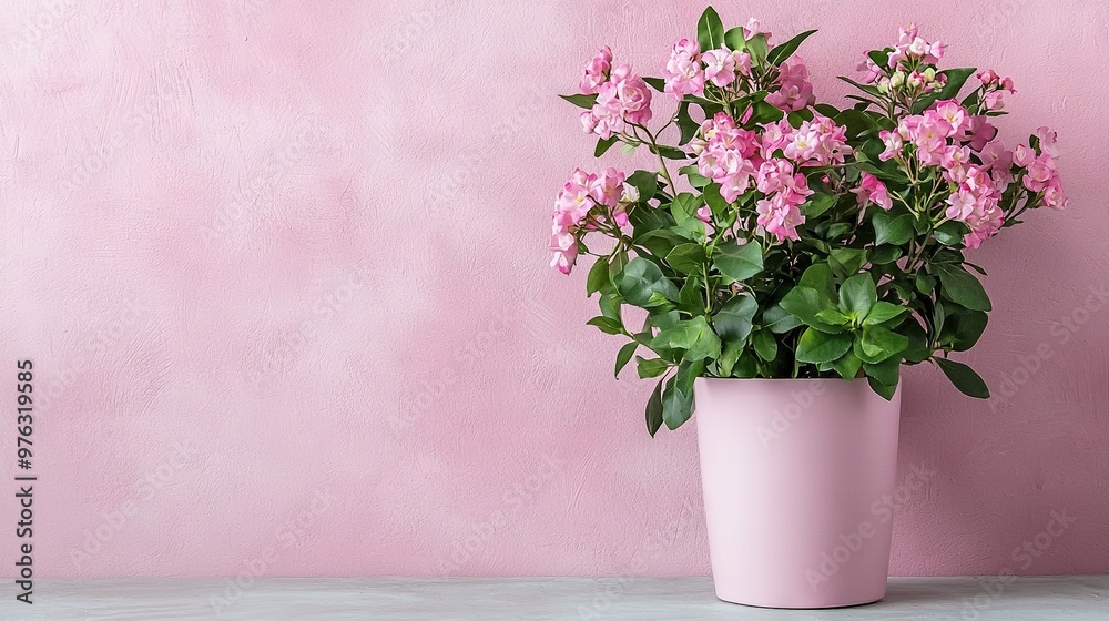 A pink planter filled with pink flowers stands out against a pink wall, with two pink walls flanking it A pink planter filled with pink flowers stands out against a pink wall, with two pink walls flanking it
