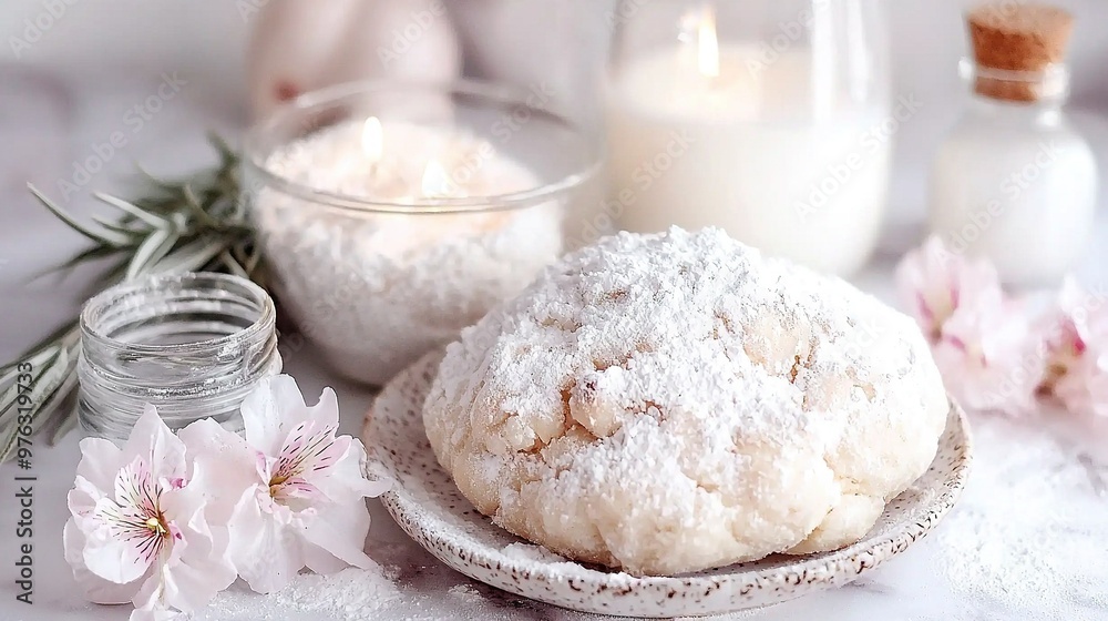 A mound of fine sugar resting beside a cup of milk and a flickering candle A mound of fine sugar resting beside a cup of milk and a flickering candle
