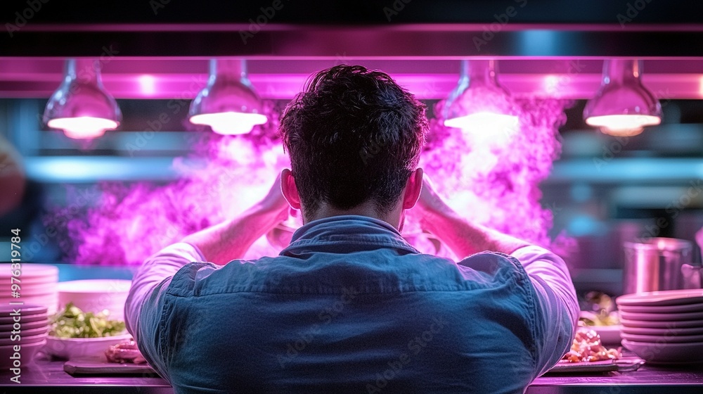 Man at plate-filled counter under purple light Man at plate-filled counter under purple light