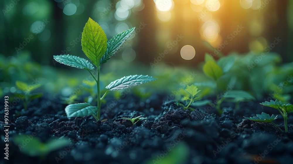 Young green plant growing in soil with sunlight filtering through forest trees. Young green plant growing in soil with sunlight filtering through forest trees.