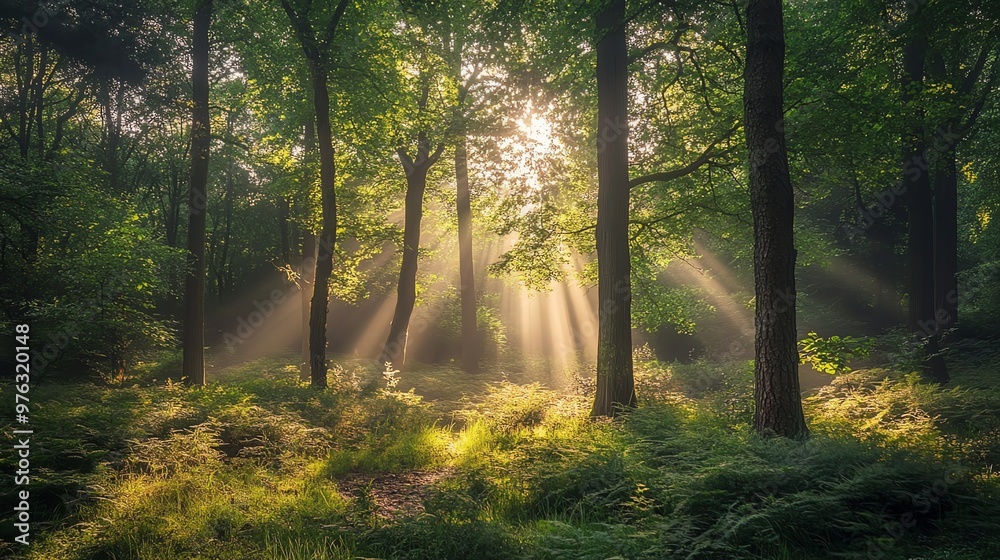Fototapeta premium Sunbeams shining through the trees in a lush forest.