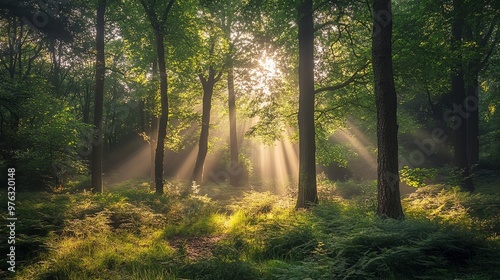 Wallpaper Mural Sunbeams shining through the trees in a lush forest. Torontodigital.ca