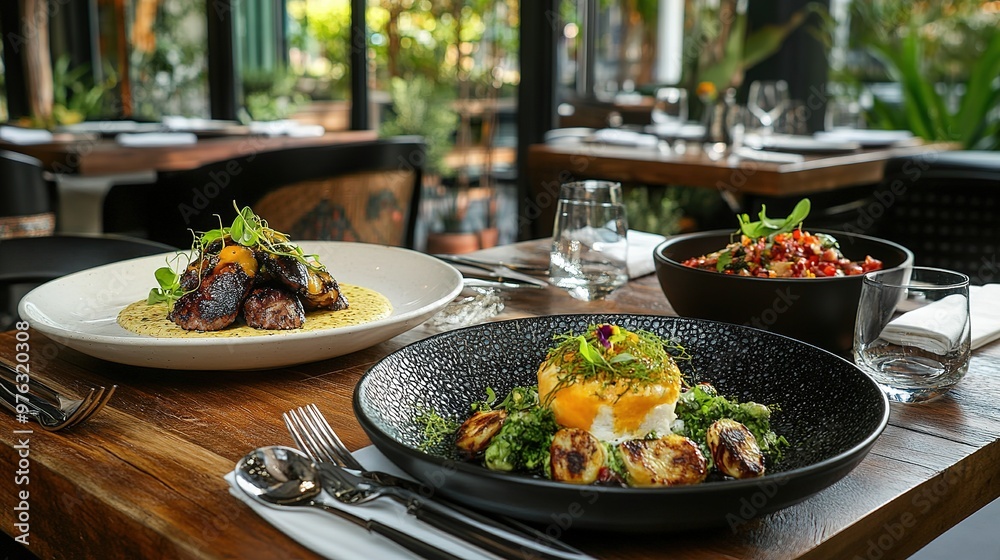 Fusion cuisine concept with a blend of Middle Eastern and Asian influences, featuring colorful plating Fusion cuisine concept with a blend of Middle Eastern and Asian influences, featuring colorful plating