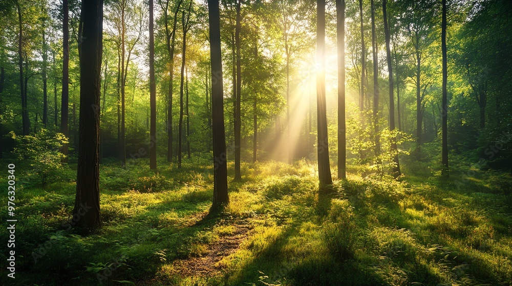 Fototapeta premium Sunlight beams through the canopy of a lush green forest.