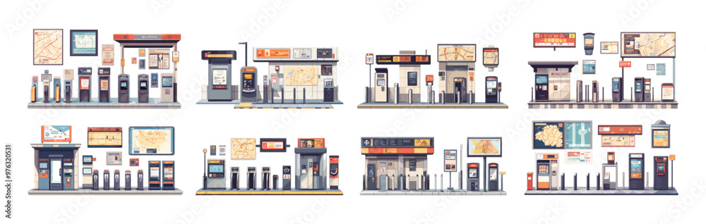 Cartoon metro station ticket machines atm terminals. Entrance turnstile subway electronic gates secure access passenger control, navigation pointers and advertising stands isolated vector set Cartoon metro station ticket machines atm terminals. Entrance turnstile subway electronic gates secure access passenger control, navigation pointers and advertising stands isolated vector set