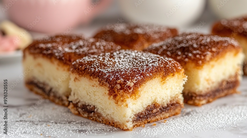   A zoomed-in shot of a cake with powdered sugar sprinkled on top and cookies in the background