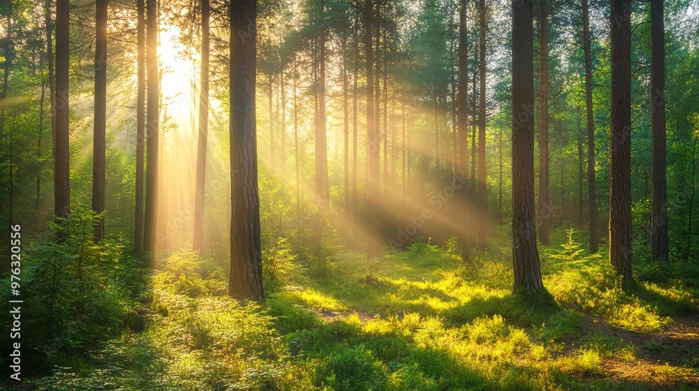 Obraz premium Sunbeams pierce through the canopy of a lush green forest.