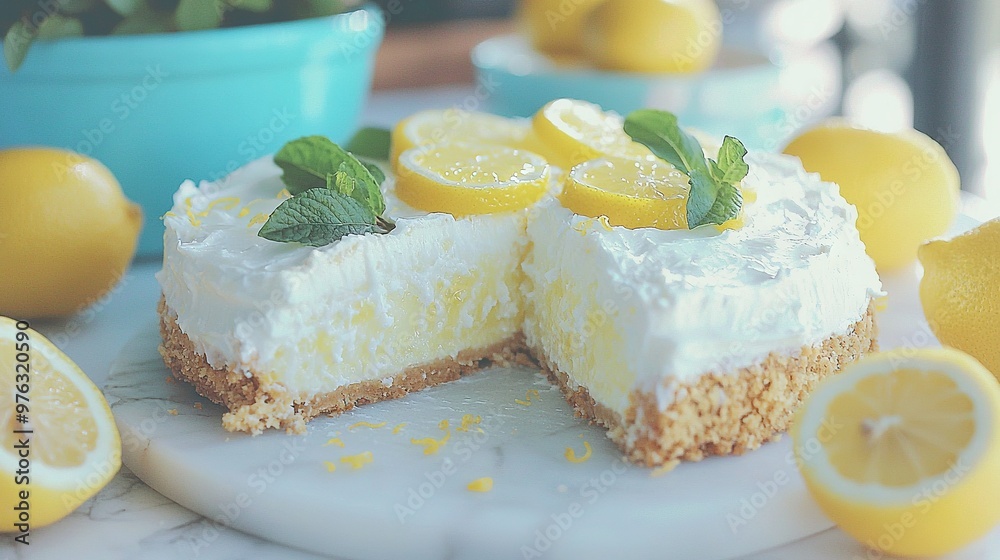 Close-up of a cake slice on a plate with lemons and a potted plant in the backdrop Close-up of a cake slice on a plate with lemons and a potted plant in the backdrop