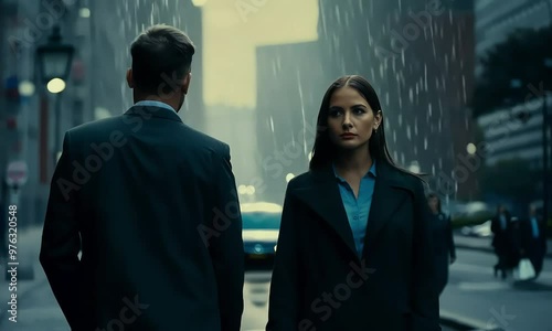 Slow-motion scene featuring two detectives, a man and a woman, standing under a flickering streetlight in a gritty urban setting as rain pours down around them, tense expressions and dark trench coats