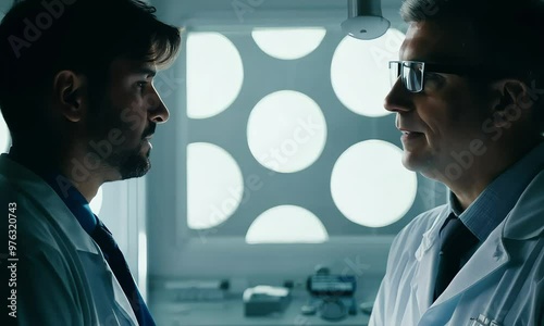 Two scientists, engaged in a serious conversation in a laboratory setting, wearing lab coats and surrounded by equipment, with patterned light from the blinds casting shadows, dialogue, concentration