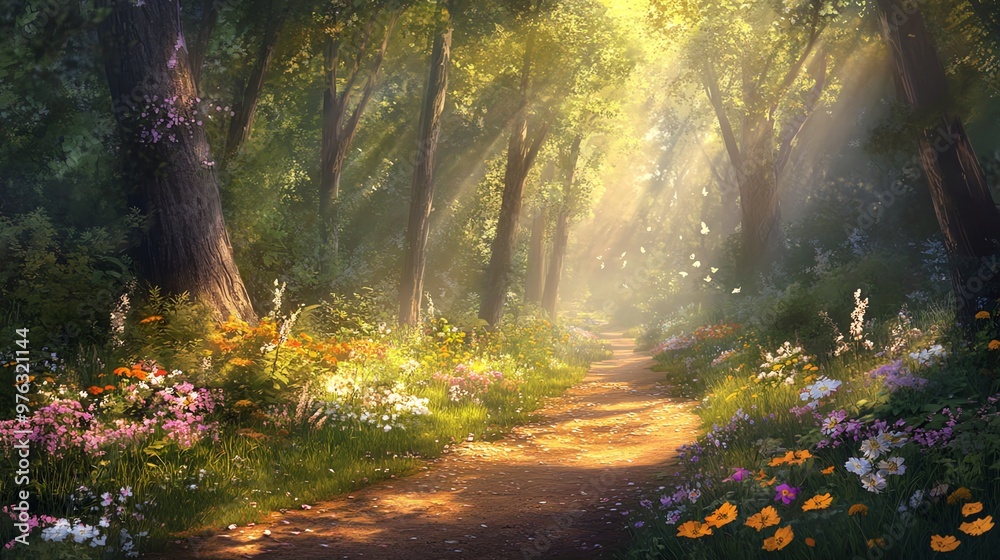 Sunbeams light a magical path through a lush forest. Sunbeams light a magical path through a lush forest.