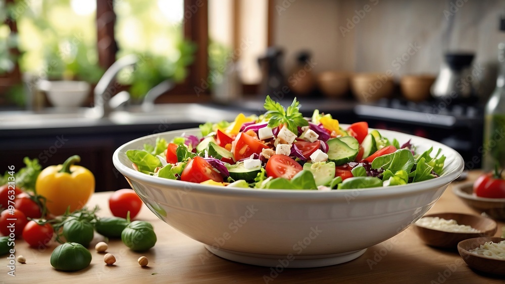 Fresh salad preparation with vibrant vegetables in a modern kitchen setting, showcasing colorful ingredients and a rustic wooden table Fresh salad preparation with vibrant vegetables in a modern kitchen setting, showcasing colorful ingredients and a rustic wooden table