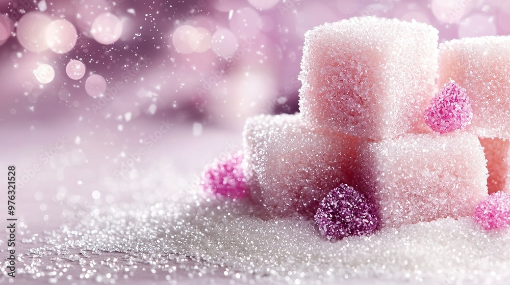 A sugar cube pile sits atop a pink-white iced table A sugar cube pile sits atop a pink-white iced table