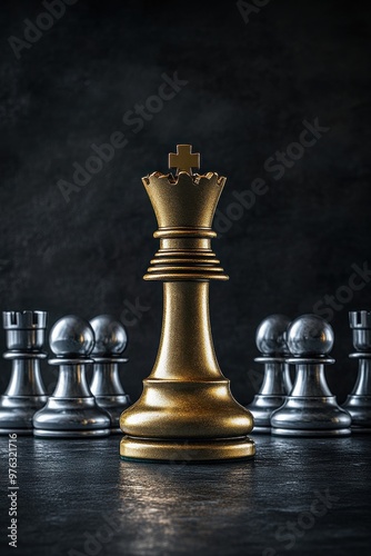A gold king chess piece stands out among silver pieces, symbolizing leadership and strategy photo