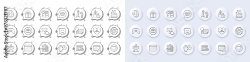 Notification, Calendar and Puzzle game line icons. White pin 3d buttons, chat bubbles icons. Pack of Mattress, Shopping cart, Aroma candle icon. Special offer, Account, Grill pictogram. Vector