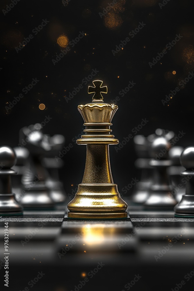 A gold king chess piece stands out with elegance amidst silver pieces on a chessboard, symbolizing strategy and leadership. A gold king chess piece stands out with elegance amidst silver pieces on a chessboard, symbolizing strategy and leadership.