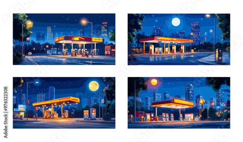 Cartoon night city gas station. Fuel terminal mini market, midnight street view cityscape with buildings lights and trees, empty road petrol depo services under moonlight vector illustrations