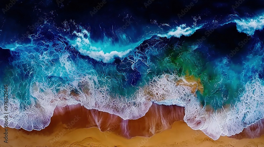 An overhead photo of a coastline, displaying white-capped waves lapping onto shore, while a stunning expanse of azure and jade water stretches out into the distance An overhead photo of a coastline, displaying white-capped waves lapping onto shore, while a stunning expanse of azure and jade water stretches out into the distance