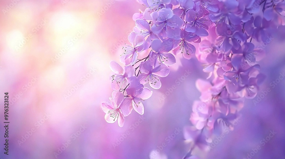 A close-up of a cluster of purple blossoms on a tree limb with a hazy light background A close-up of a cluster of purple blossoms on a tree limb with a hazy light background