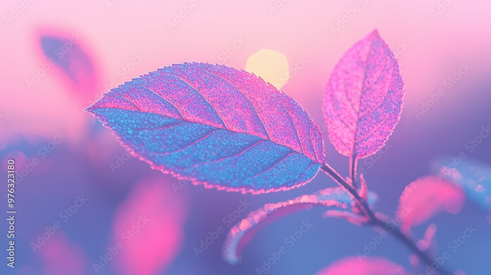 A close-up of a pink and blue leaf on a branch with a blurry light in the background A close-up of a pink and blue leaf on a branch with a blurry light in the background
