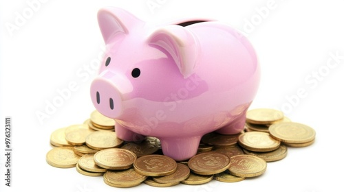 Pink piggy bank on gold coins, isolated on white background, symbolizing savings and investment