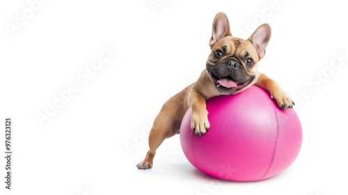Cute french bulldog playing with a pink fitness ball