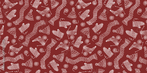 Threads, knitting needles. Handicraft, line art, drawing. Knitting pattern, clothes. Skeins of wool. Knitted hat, socks, mittens. Vector seamless background.