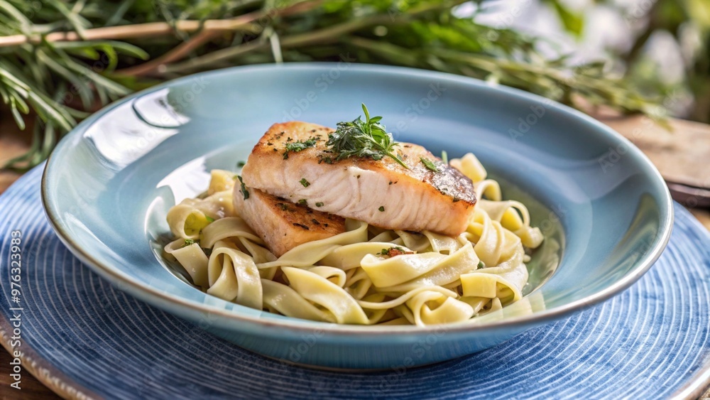 A plate of pasta with a piece of salmon on top. The salmon is seasoned with herbs and spices. The pasta is cooked and served in a bowl. The dish looks delicious and appetizing
