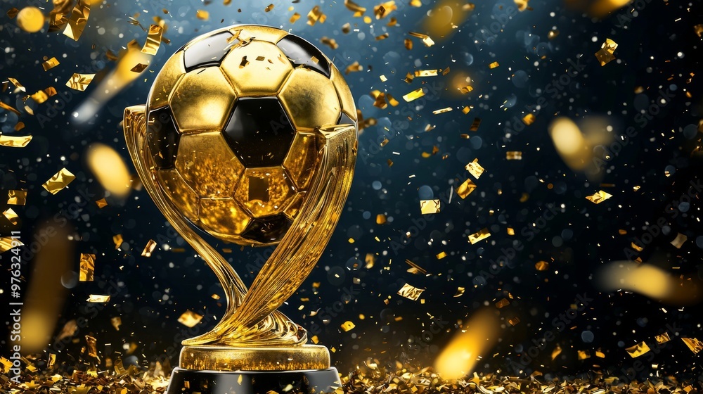 Obraz premium Featuring a 3D golden soccer victory prize with tournament win confetti, this realistic modern award symbolizes victory.