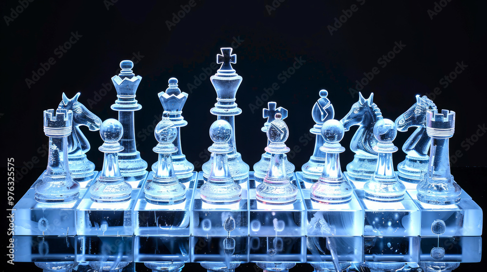 Modern brightly lit chess set made of transparent glass on a dark background. Concept of strategy, intellectual challenge, ice, and elegance. Ice Chess Modern brightly lit chess set made of transparent glass on a dark background. Concept of strategy, intellectual challenge, ice, and elegance. Ice Chess