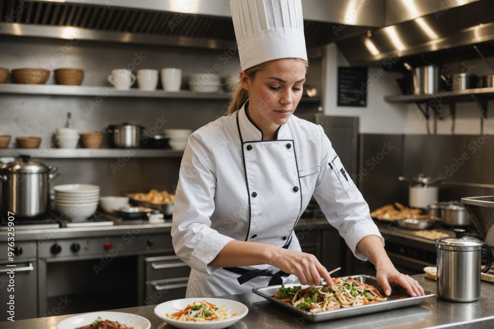 Female chef preparing takeout order in cafe kitchen Female chef preparing takeout order in cafe kitchen