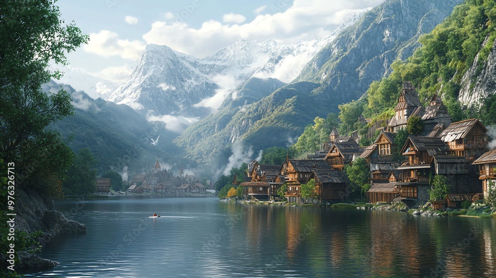 Naklejka premium A picturesque village nestled in a valley, surrounded by mountains and a tranquil lake.