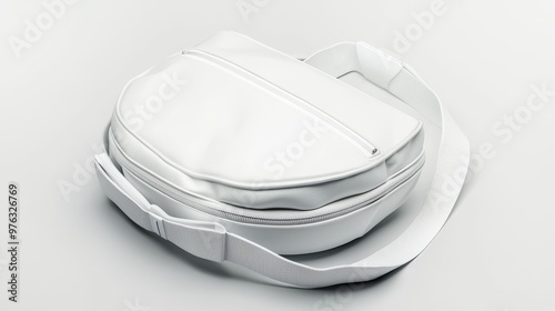 Presented here is a 3D rendering of a blank white waist bag mockup viewed from the top. This template shows an empty fashionable nylon bellybag that is ideal for tourists showcasing a clear sport photo