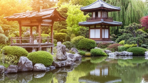 Tranquil Japanese Garden with Pagoda and Gazebo