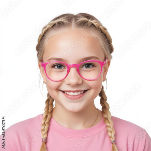 Happy Blond Girl with Braided Hair and Pink Stylish Glasses (Variation #01.1)