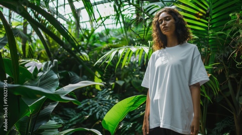 A young woman stands gracefully and confidently amidst vibrant green plants in a tranquil and serene environment