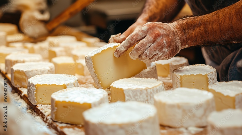 Artisanal cheese being handcrafted, with a focus on quality and tradition Artisanal cheese being handcrafted, with a focus on quality and tradition