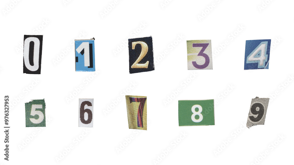Set of cut-out ransom number from magazines on a transparent background, retro y2k style Set of cut-out ransom number from magazines on a transparent background, retro y2k style