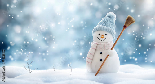 Cute Snowman with Broom in Winter Snowy Scene Christmas cards winter promotions design photo